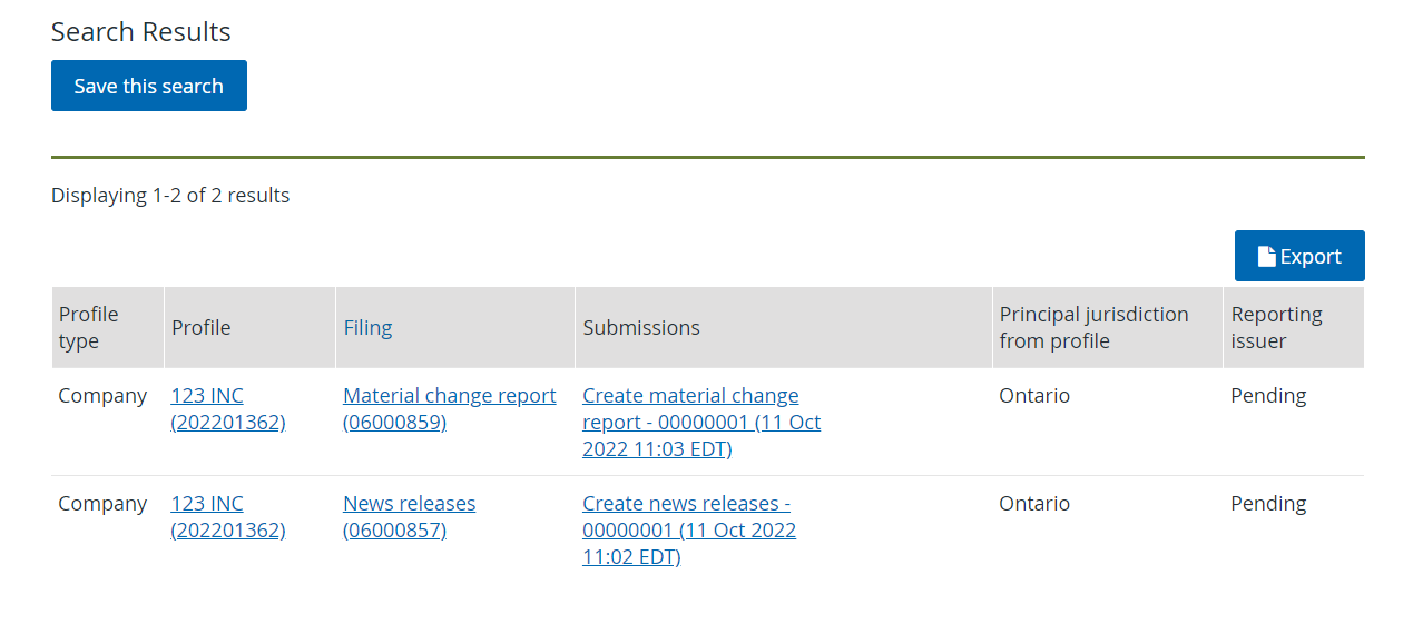 Search criteria and results
